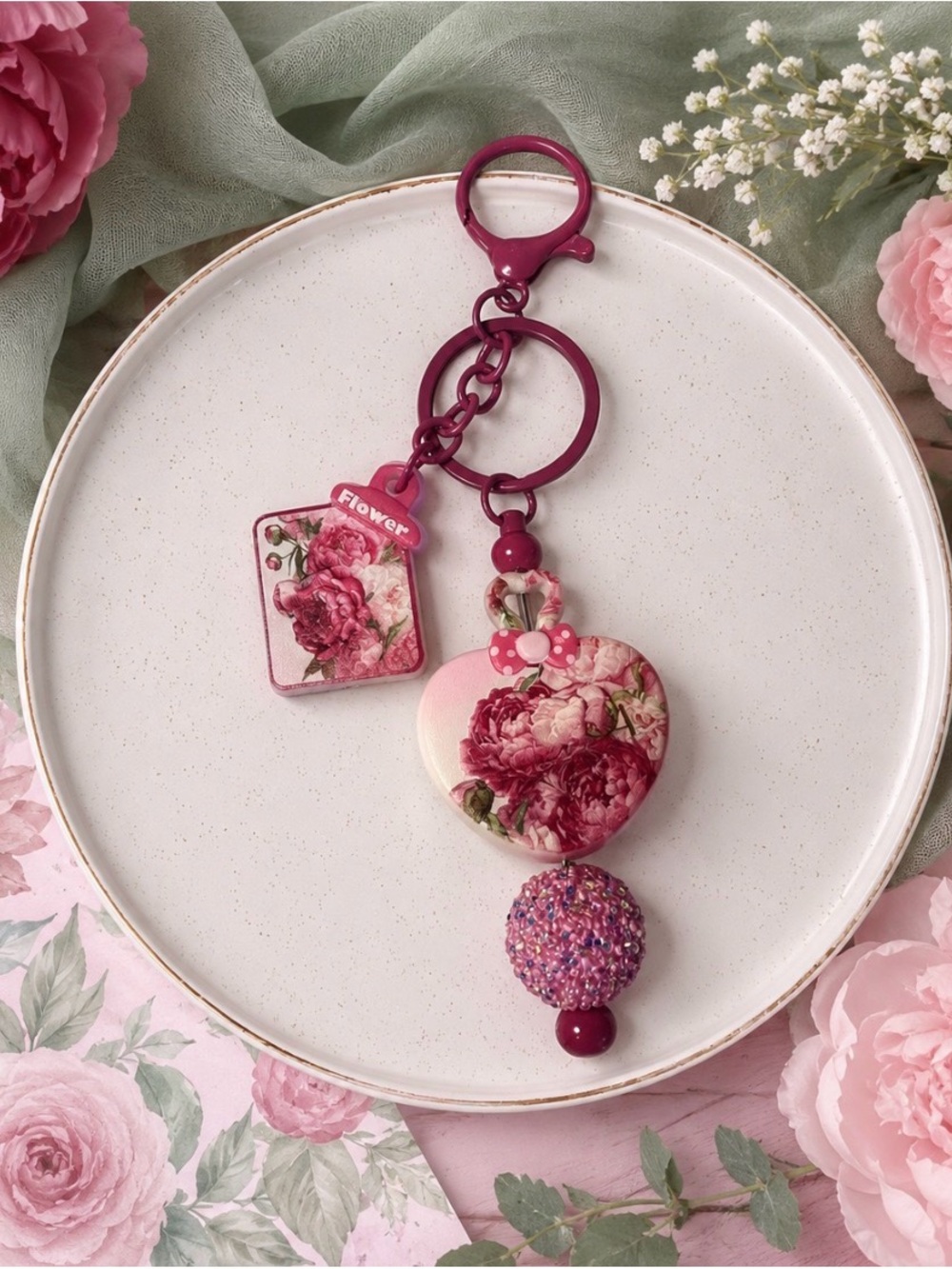Hand Crafted Pink Floral Heart Keychain